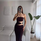 Damen elegantes Bodenkleid mit gerafftem Design und verstellbarem Gürtel R&B