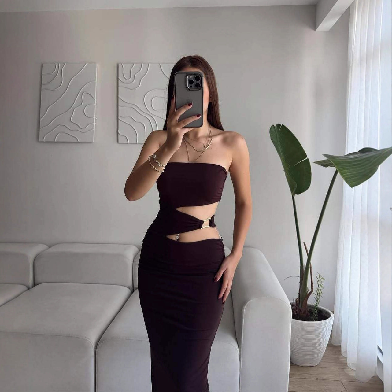 Damen elegantes Bodenkleid mit gerafftem Design und verstellbarem Gürtel R&B