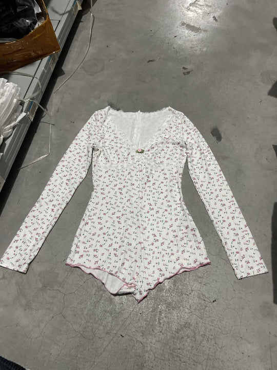 Damen Schlafbody mit zarter Spitzenverzierung und floralem Design R&B