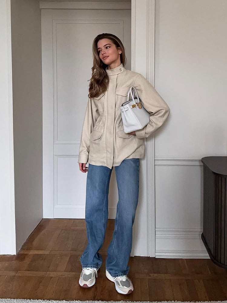 Damen lässige Utility-Jacke mit hohem Kragen und praktischen Taschen R&B