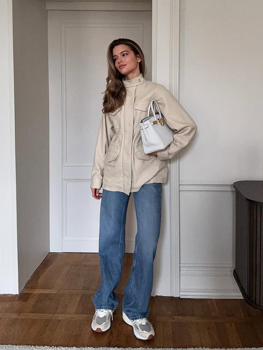 Damen lässige Utility-Jacke mit hohem Kragen und praktischen Taschen R&B