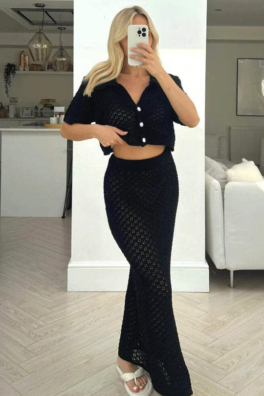 Damen Strick-Set mit offenem Cardigan und maxi Rock R&B