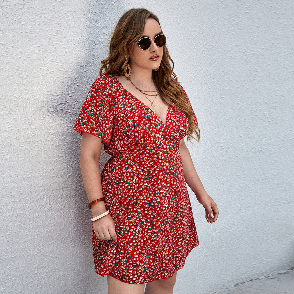 Damen Blütensommerkleid mit V-Ausschnitt und lockeren Ärmeln R&B