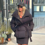 Damen modische Steppjacke mit breitem Revers und taillierbarem Gürtel R&B