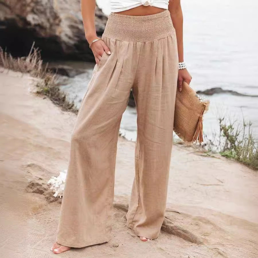 Damen Weite Leinenhose mit elastischem Bund und Falten R&B