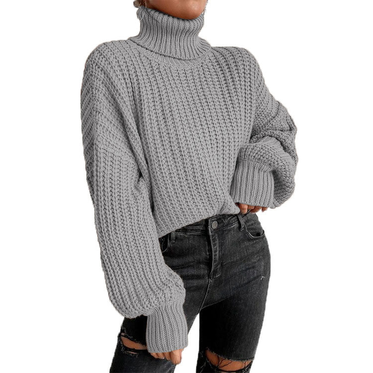 Damen Grobstrickpullover mit hohem Kragen und lässigem Schnitt R&B