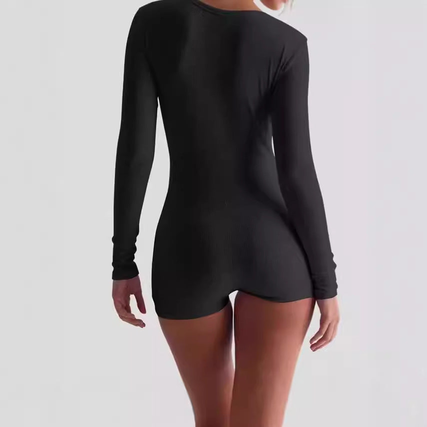 Damen Körperbetonter Langarm-Jumpsuit mit feinen Rippdetails R&B