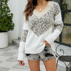 Damen modischer Pullover mit außergewöhnlichem Leopardenmuster und V-Ausschnitt R&B