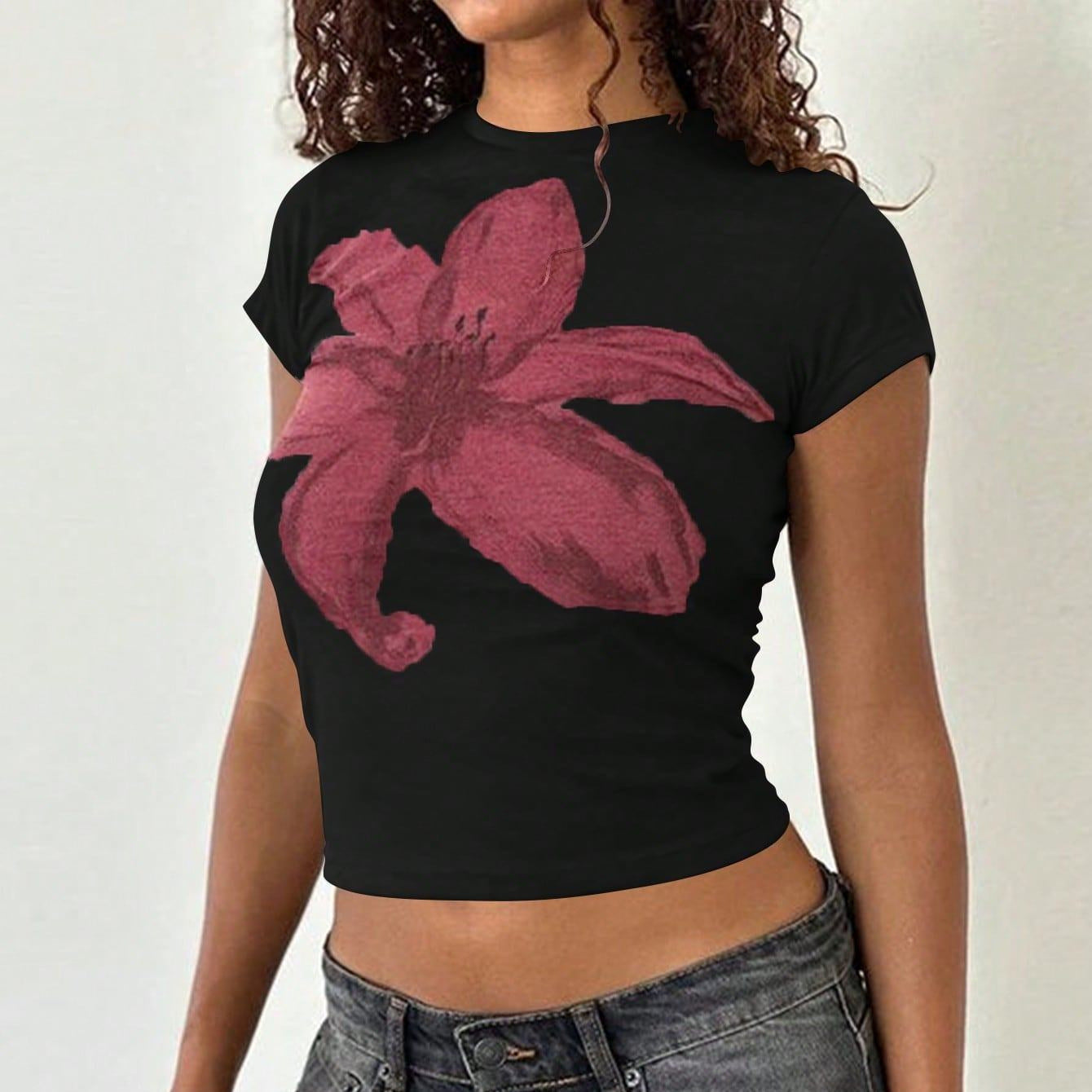 Damen Crop-T-Shirt mit floralem Design und körperbetontem Schnitt R&B