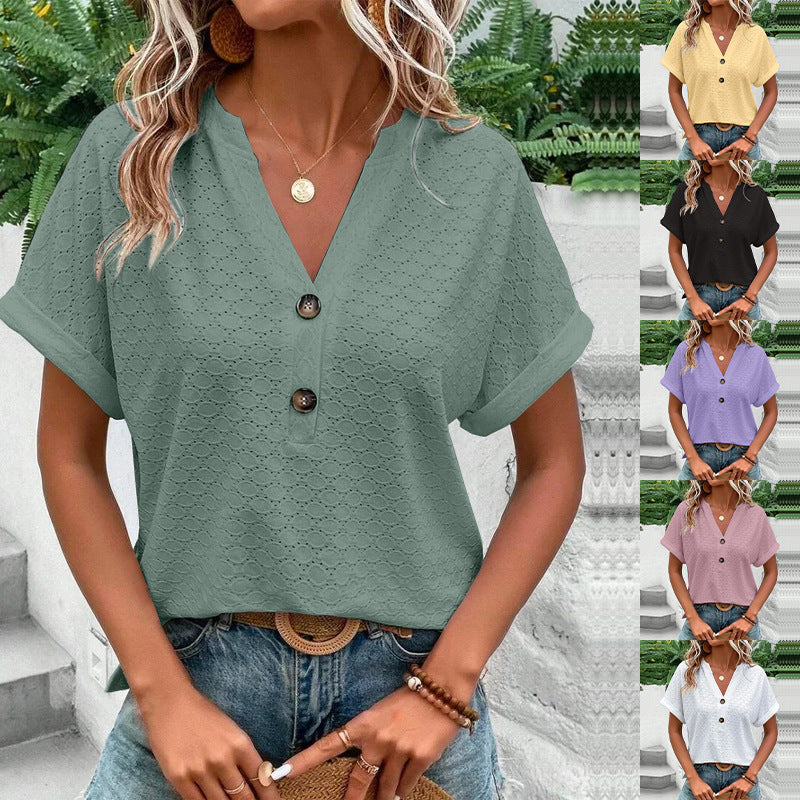 Damen modisches Kurzarm-Oberteil mit Knopfdetails und Struktur R&B