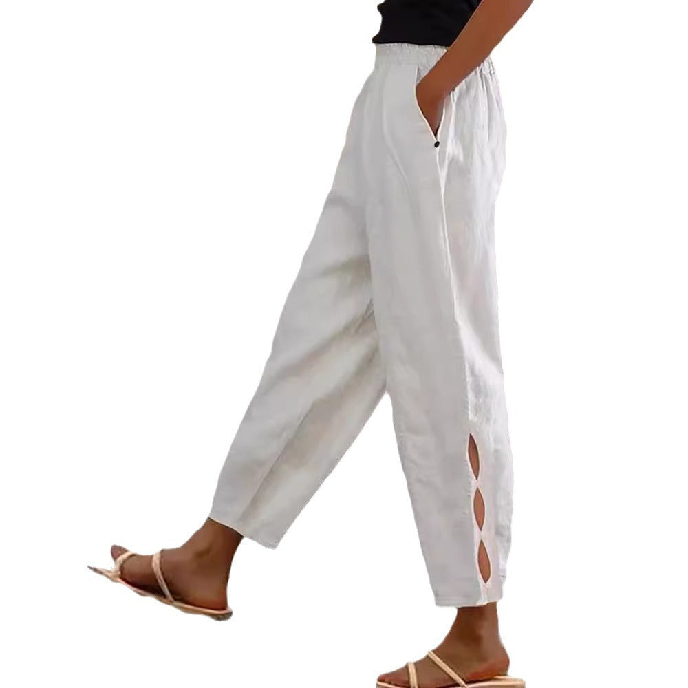 Damen Leichte Leinenhose mit seitlichen Schlitzen und elastischem Bund R&B