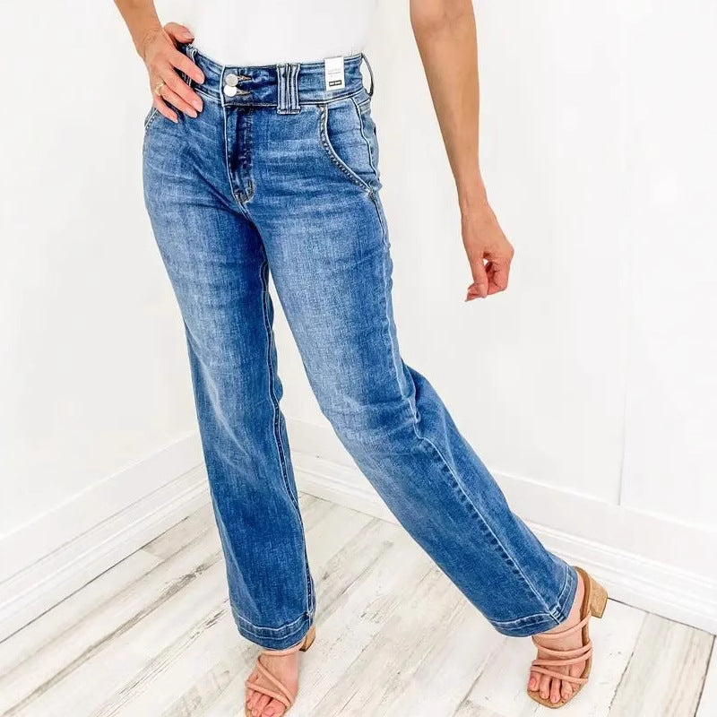 Damen Weit geschnittene Jeans im Vintage-Stil mit hohem Bund und eleganten Nähten R&B