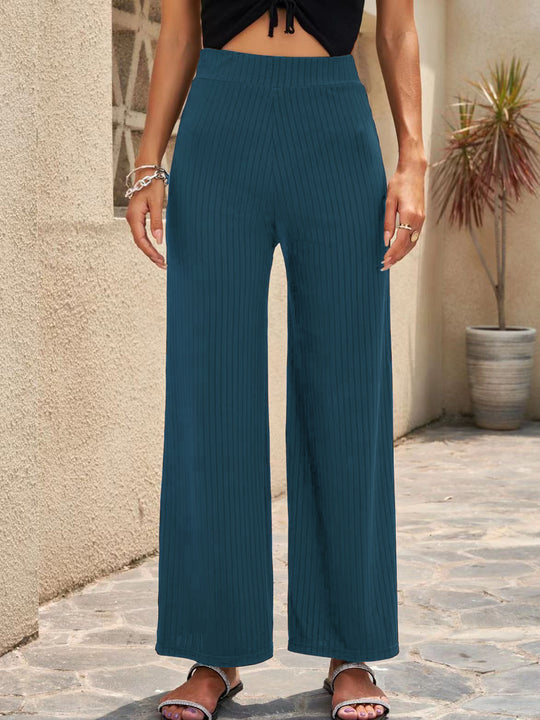 Damen Weite, gestreifte Plisseehose mit hohem Bund und elastischem Taillenbund R&B