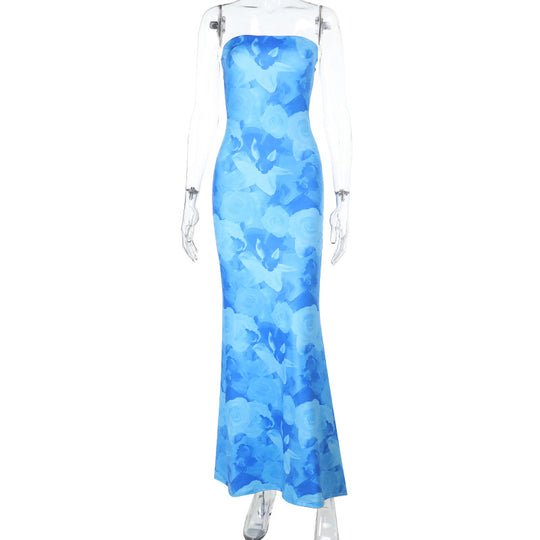 Damen elegantes trägerloses Maxikleid mit floralem Muster und figurbetonter Silhouette R&B