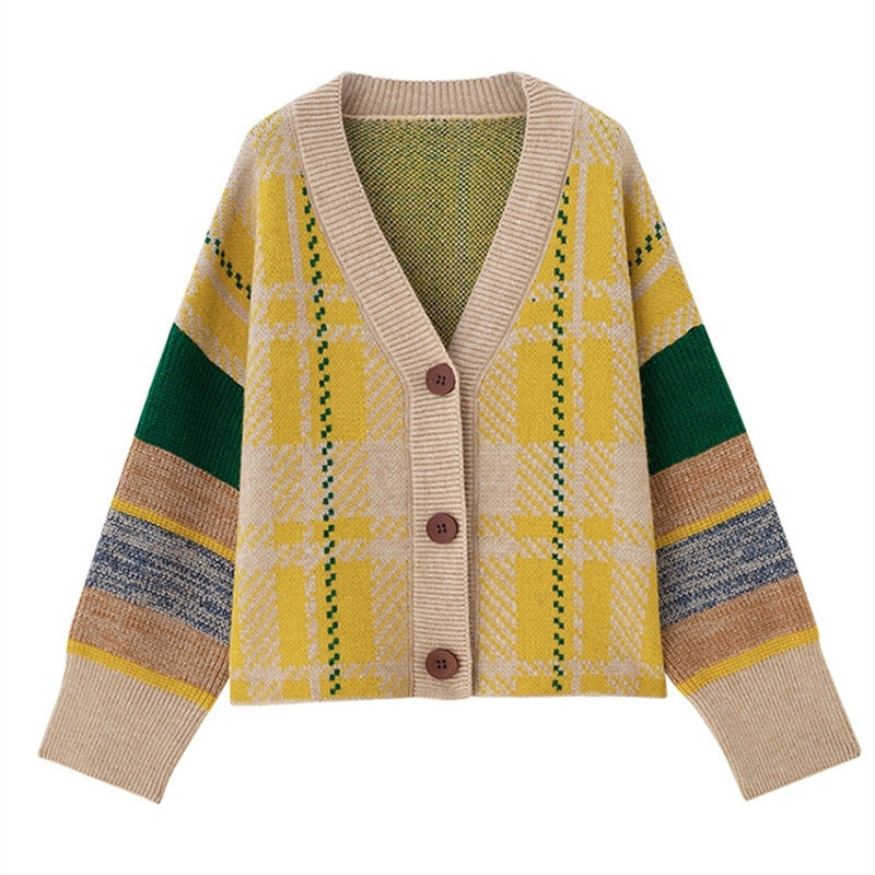 Damen Grobstrick-Cardigan mit buntem Karomuster und großen Holzknöpfen R&B