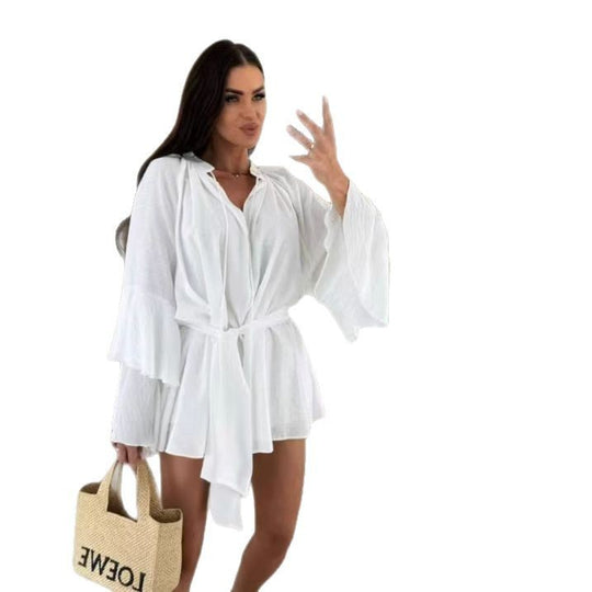 Damen lässiges Kaftan-Kleid mit voluminösen Ärmeln und Taillengürtel R&B