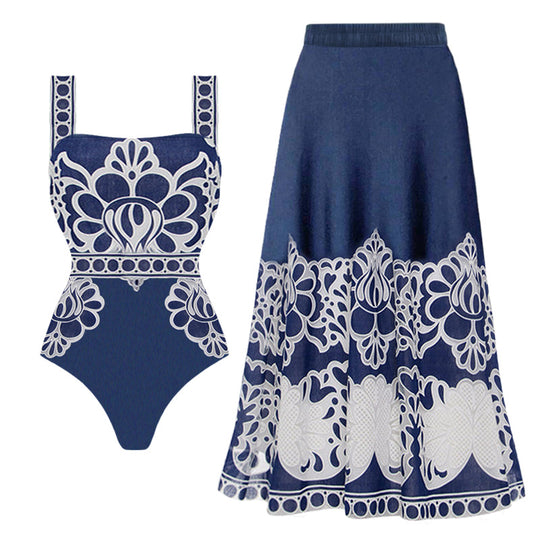 Damen eleganter einteiliger Badeanzug mit aufwendiger Spitzenverzierung R&B