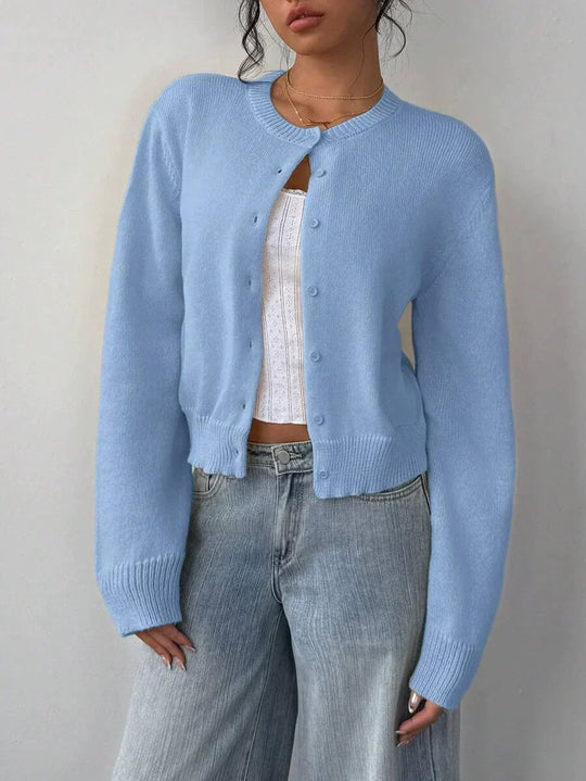 R&B | Strickjacke Pullover Weiche Strickware Cropped Fit Knopf Front Rippensaum