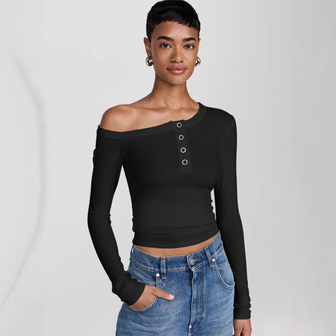 Damen asymmetrisches Langarmshirt mit Knopfleiste und figurbetontem Schnitt R&B