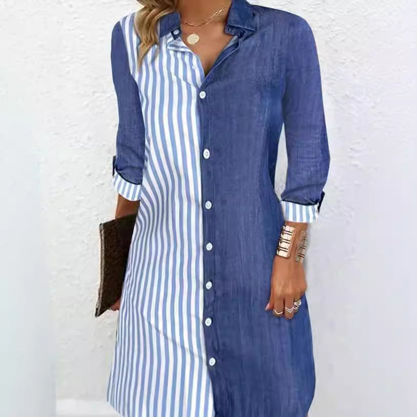 Damen Hemdblusenkleid mit farblich geteiltem Design und langen Ärmeln