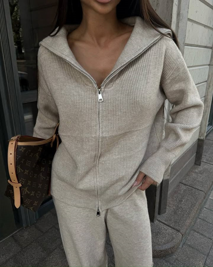Damen kuscheliger Zip-Pullover mit weitem Kragen und Rippstruktur R&B