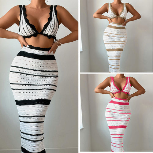 Damen Häkel-Crop-Top und Maxirock Set R&B