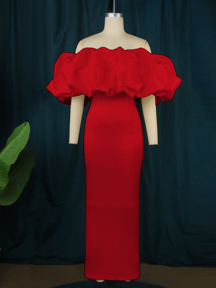 Damen Elegantes Off-Shoulder Maxikleid mit voluminösen Rüschensäumen R&B