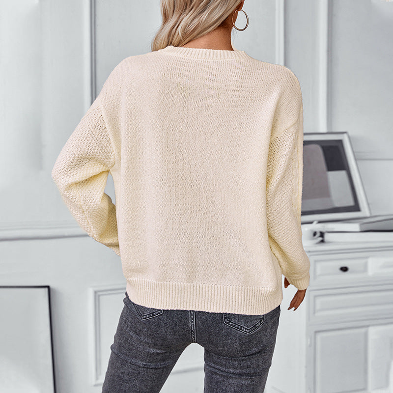 Damen Strickpullover mit modernem V-Ausschnitt und Zopfdesign R&B