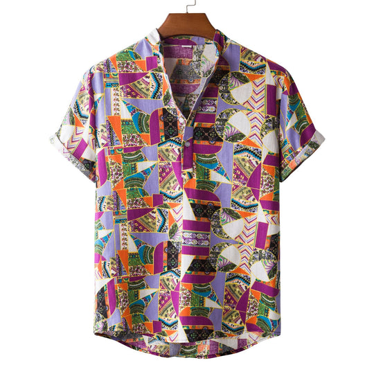 Herren Kurzarmhemd mit auffälligem Patchwork-Muster R&B
