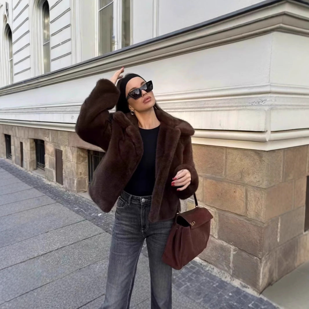 Damen Flauschige Kunstfelljacke mit elegantem Kragen und offenem Schnitt