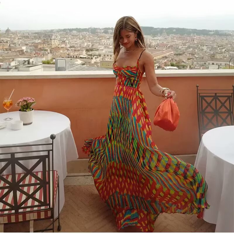 Damen Maxikleid mit auffälligem geometrischen Muster und verstellbaren Spaghetti-Trägern R&B