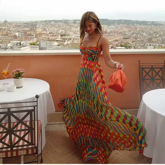 Damen Maxikleid mit auffälligem geometrischen Muster und verstellbaren Spaghetti-Trägern R&B