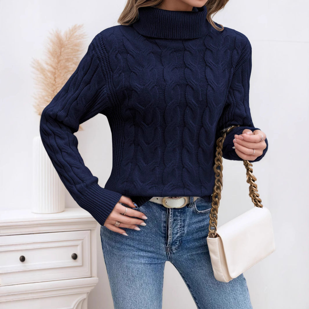 Damen Strickpullover mit hohem Kragen und Zopfmuster R&B