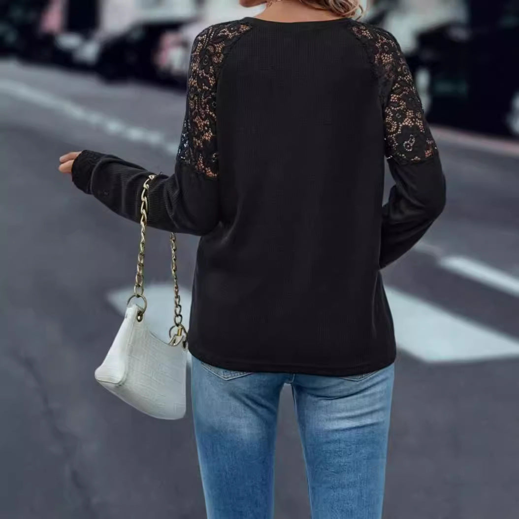 Damen V-Ausschnitt Pullover mit Spitzenärmeln R&B