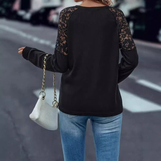 Damen V-Ausschnitt Pullover mit Spitzenärmeln R&B