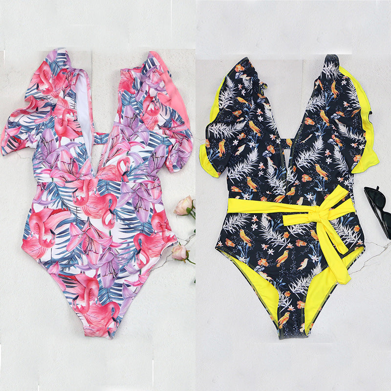 Damen Badeanzug mit floralem Design und frischem Wickelbund R&B