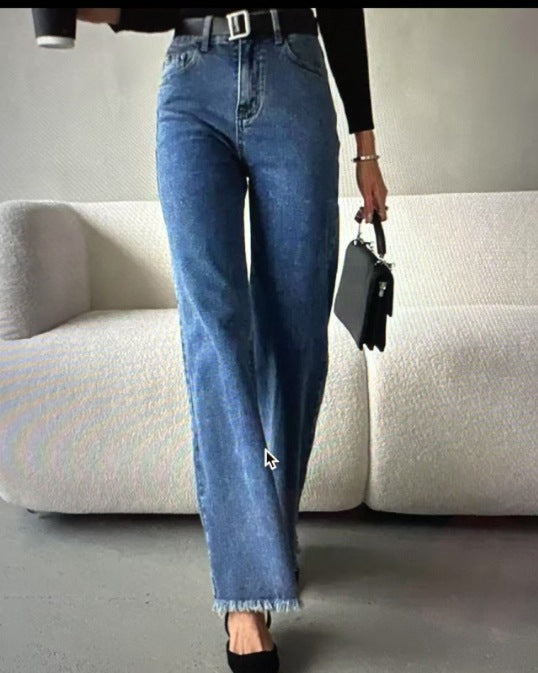 Damen Hochgeschnittene weite Jeanshose im Vintage-Style mit authentischem Used-Look R&B