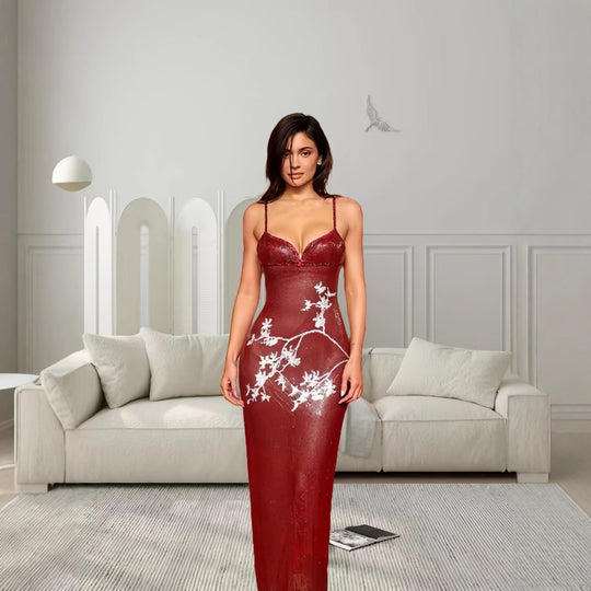 Damen elegantes V-Ausschnitt Abendkleid mit floralem Stickmuster und schmalem Schnitt R&B