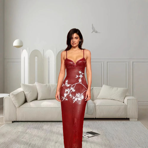 Damen elegantes V-Ausschnitt Abendkleid mit floralem Stickmuster und schmalem Schnitt R&B