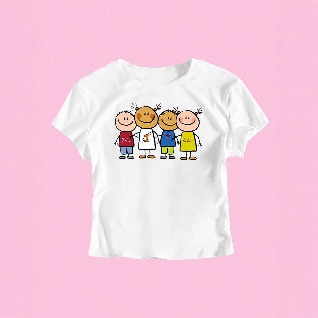 Damen Crop-T-Shirt mit kreativem Kinderzeichnungsmuster R&B