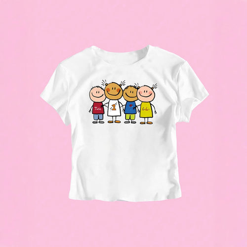 Damen Crop-T-Shirt mit kreativem Kinderzeichnungsmuster R&B