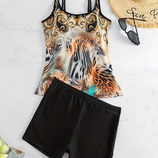 Damen Sportliches Tankini-Set mit modischem Animal-Print und Boxershorts R&B