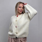 Damen lockerer Strickpullover mit herzförmigen Knöpfen und weitem Schnitt R&B
