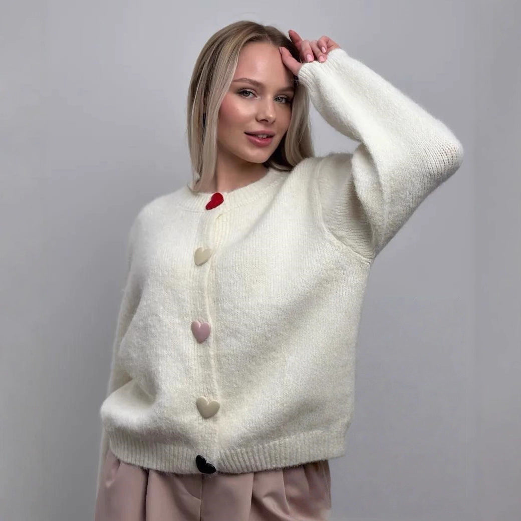 Damen lockerer Strickpullover mit herzförmigen Knöpfen und weitem Schnitt R&B