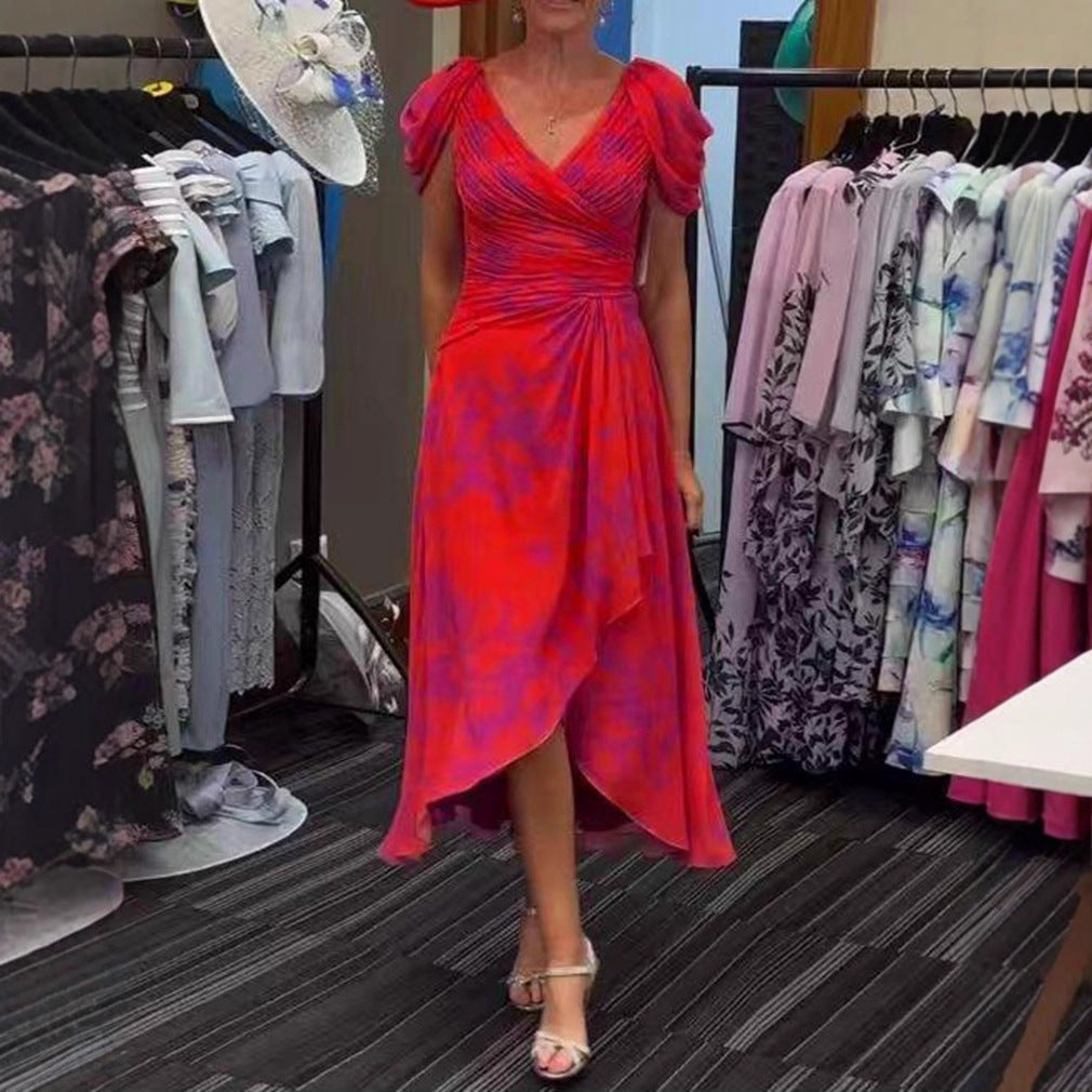 Damen nan festliches Chiffon-Midikleid mit gekreuztem V-Ausschnitt, taillenraffung und asymmetrischem Tulpenrock R&B