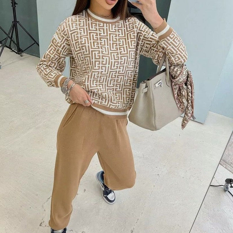 Damen modisches Strick-Loungewear-Set mit grafischem Muster R&B
