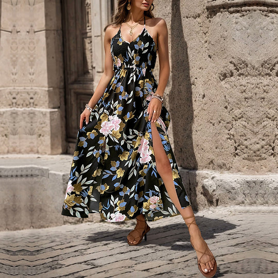 Damen Maxikleid mit floralem Design und hohem Beinschlitz R&B