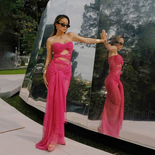 Damen Elegantes trägerloses Maxikleid mit raffinierten Drapierungen und transparenter Optik R&B