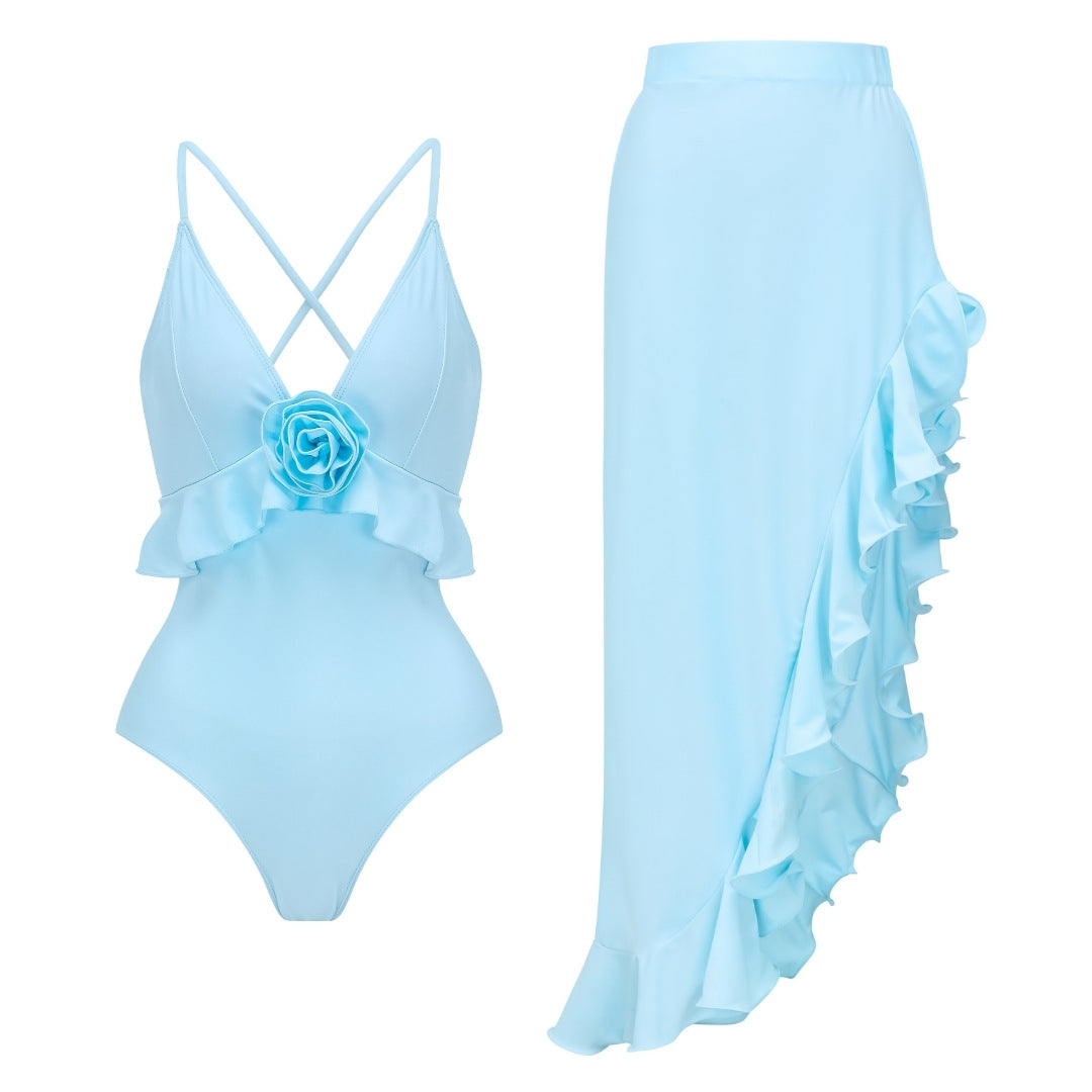 Damen Badeanzug mit voluminösen Rüschen und elegantem Maxirock R&B