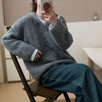 Damen bequemer Strickpullover mit Knopfleiste und Kapuze R&B